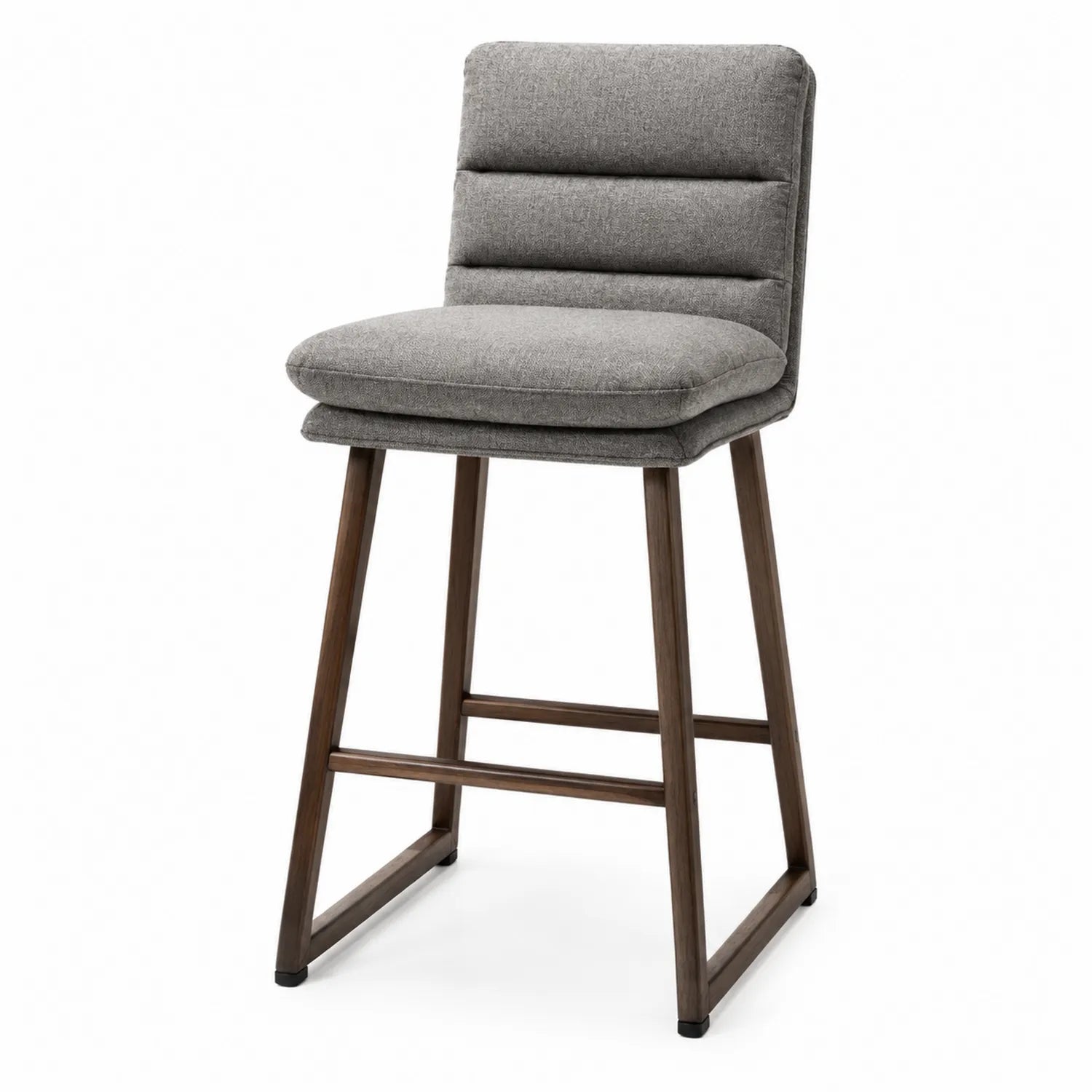 Barhocker aus Holz mit grauem Stoffbezug