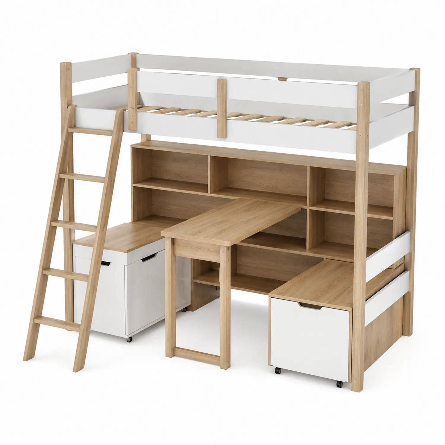 Hochbett mit Schreibtisch und Regalen aus Holz Eiche/Weiß 200x100x170 cm