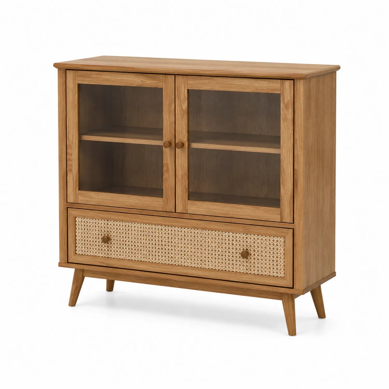 Sideboard aus Eichenholz mit Glastüren und Rattan-Schublade