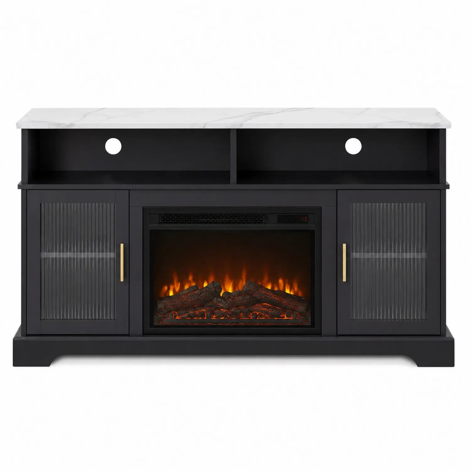 TV-Schrank mit Elektrokamin aus MDF, Schwarz und Marmor