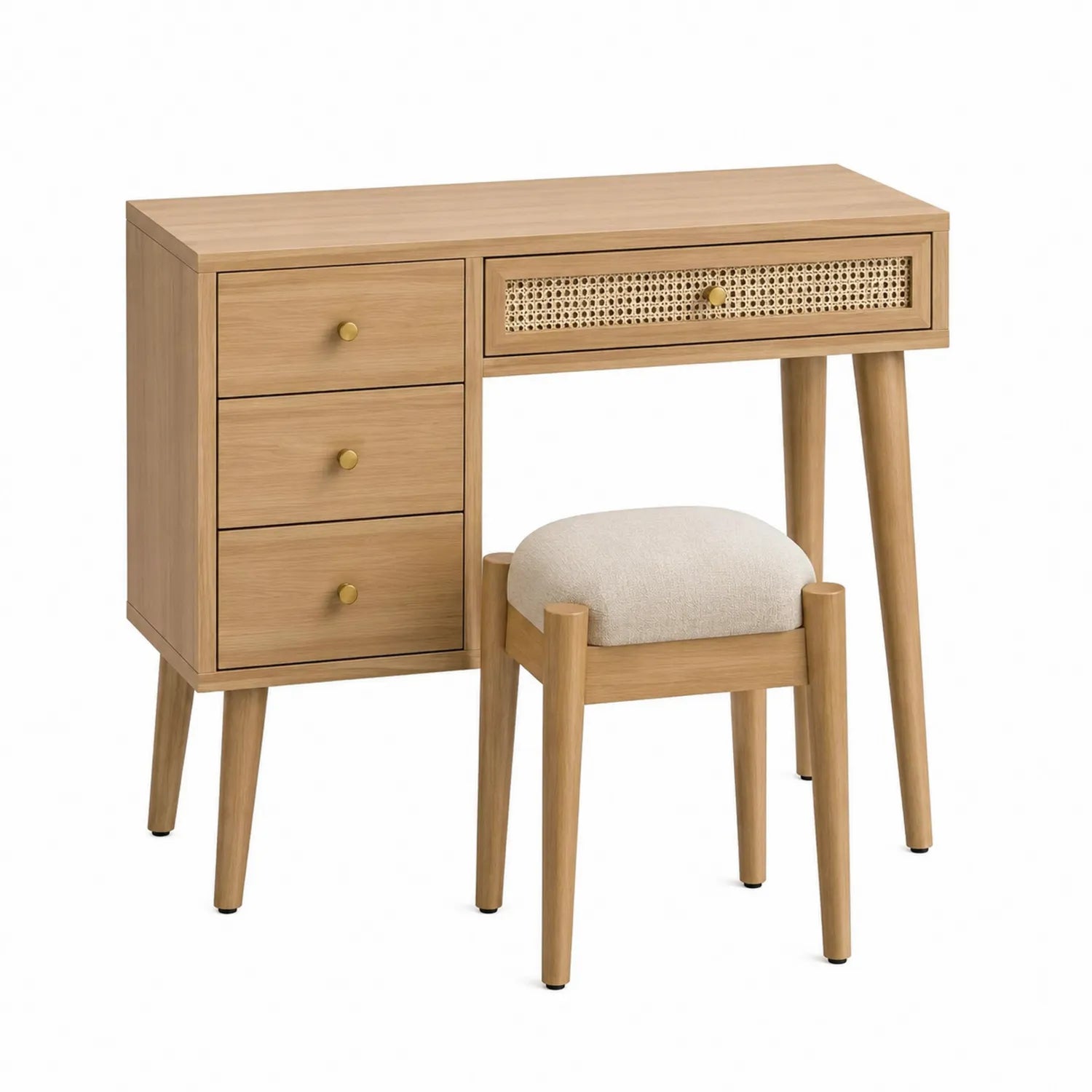 Schminktisch mit Hocker aus Eichenholz Beige und Geflecht