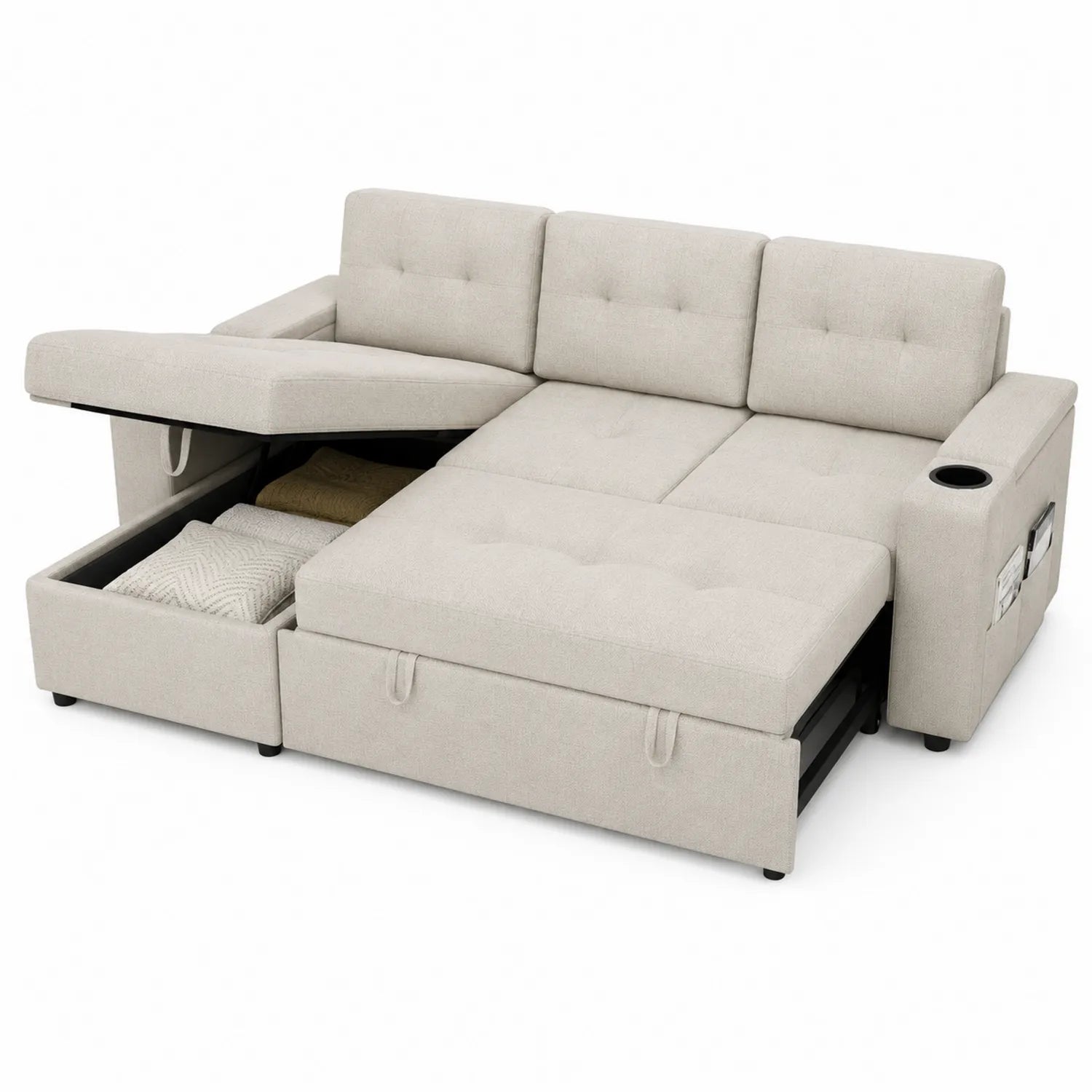 Eck-Schlafsofa mit Stauraum aus Stoff Beige 210x140cm