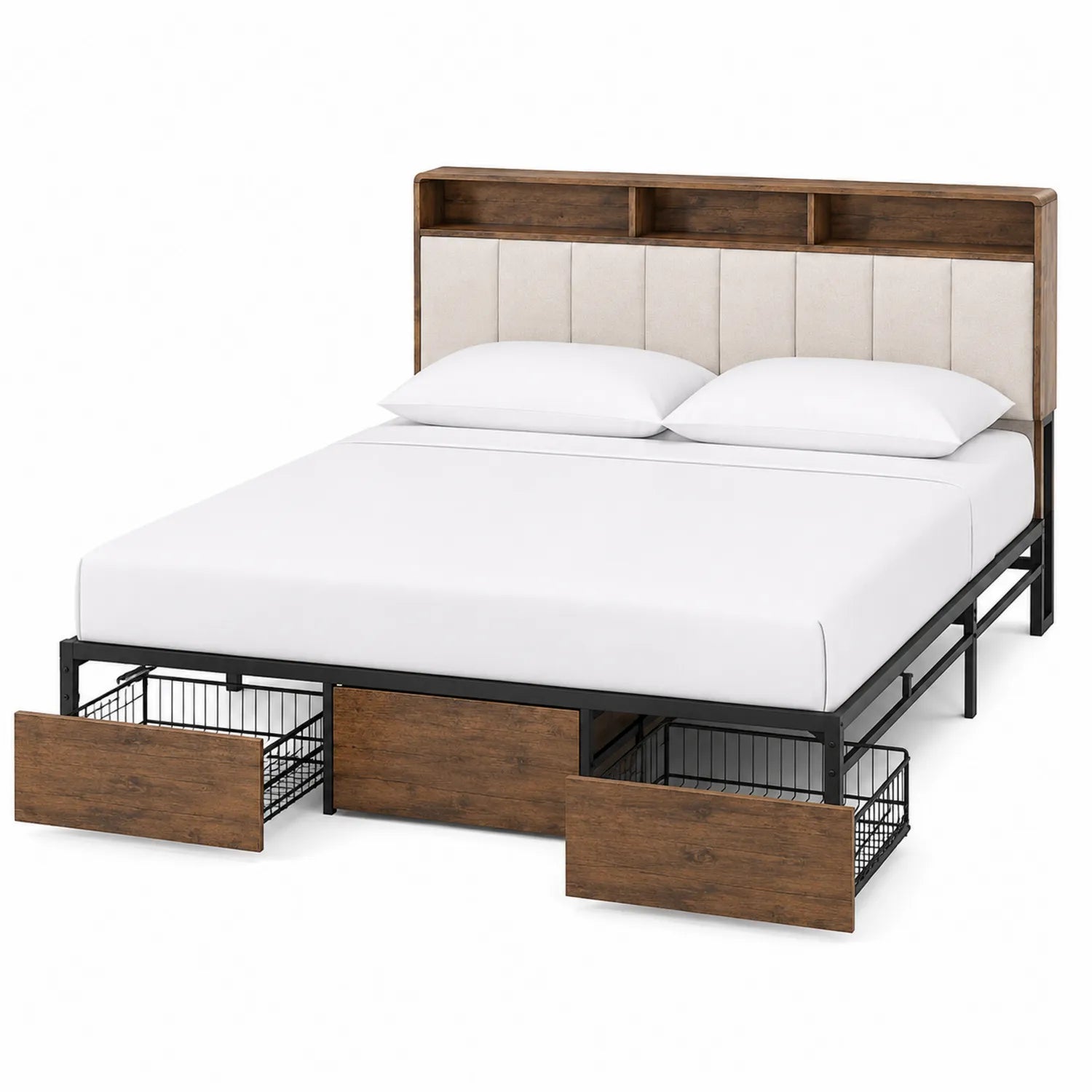 Doppelbett aus Metall mit Holzoptik und Kopfteilregal, Schubladen 200x160 cm