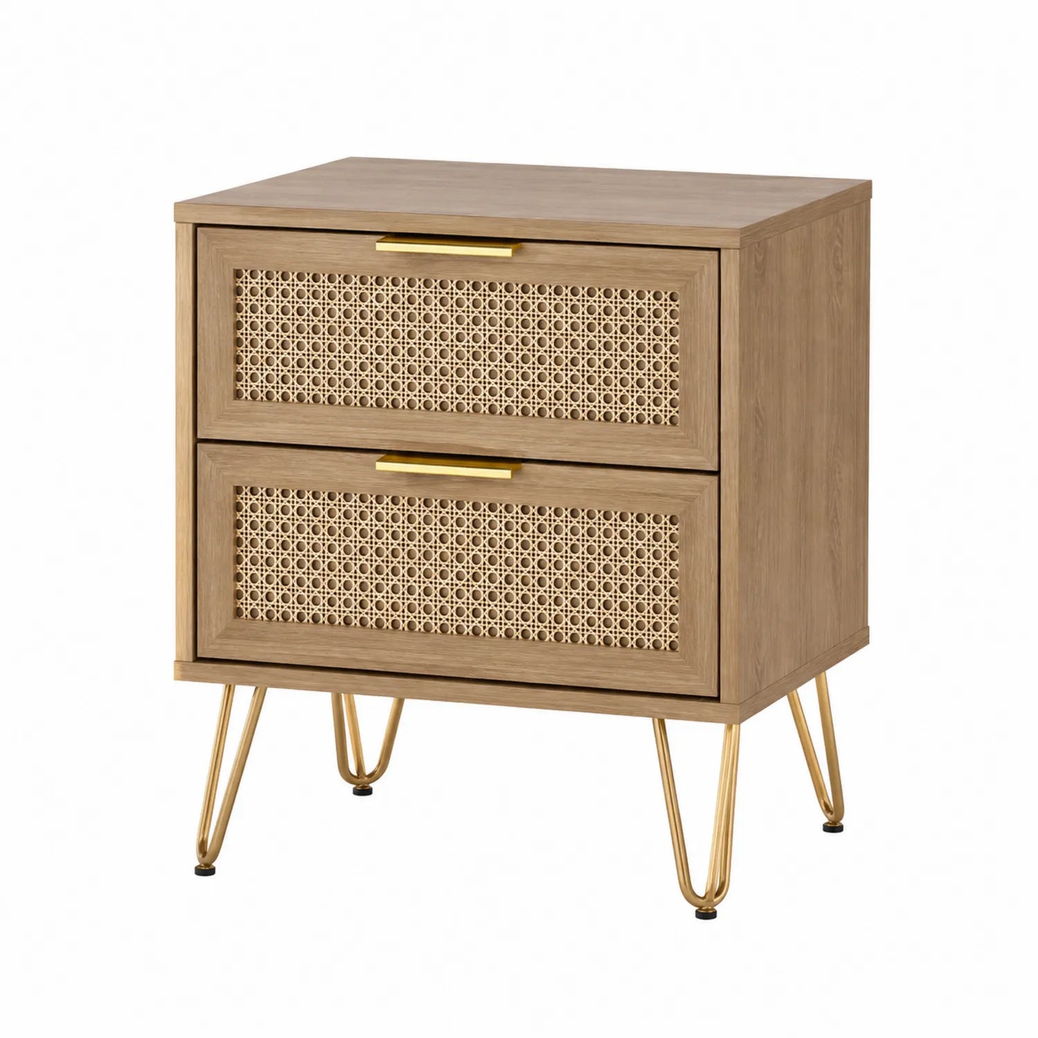 Nachttisch mit zwei Schubladen aus MDF und Rattan, Hellbraun