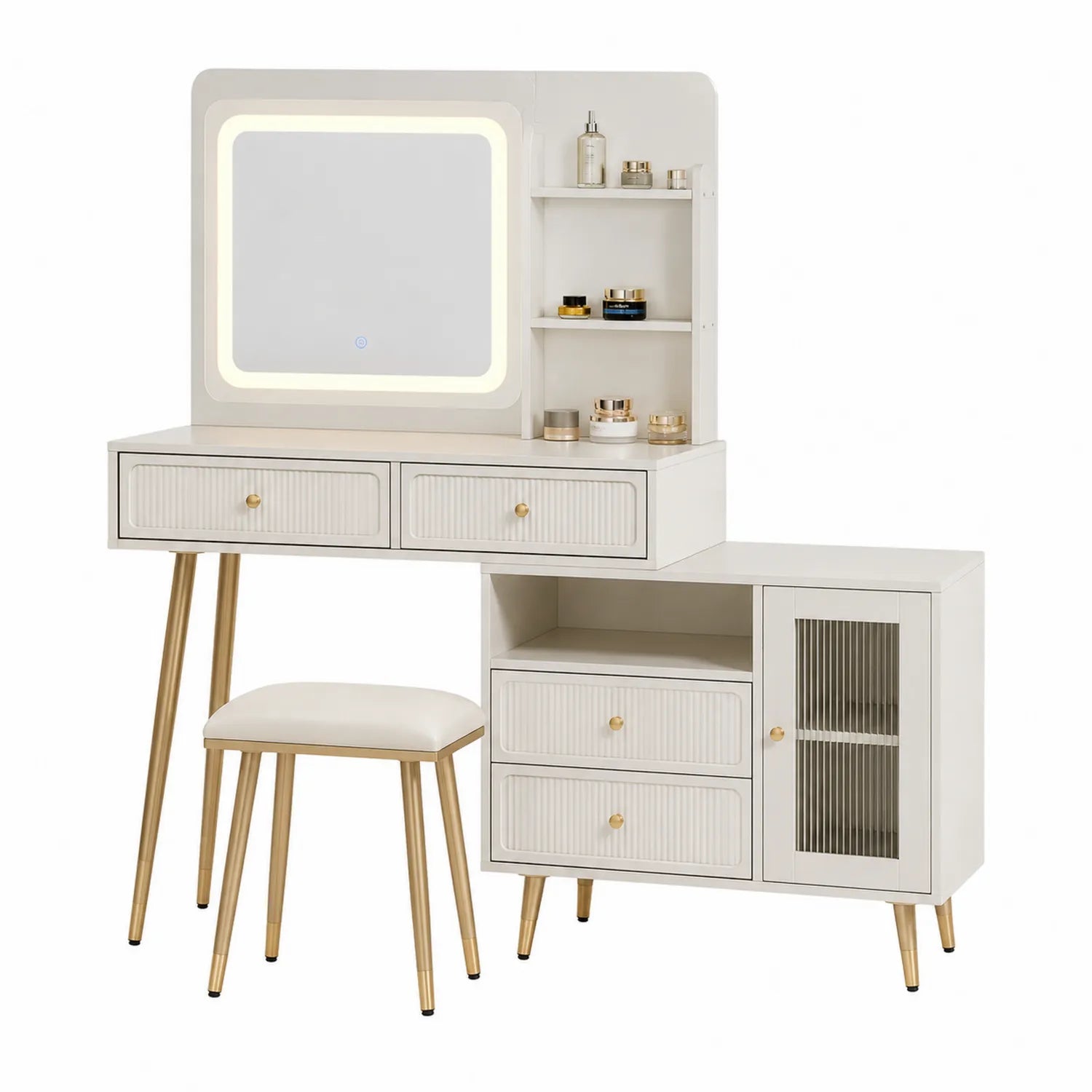 Schminktisch Set mit Spiegel LED Licht MDF Weiß/Gold