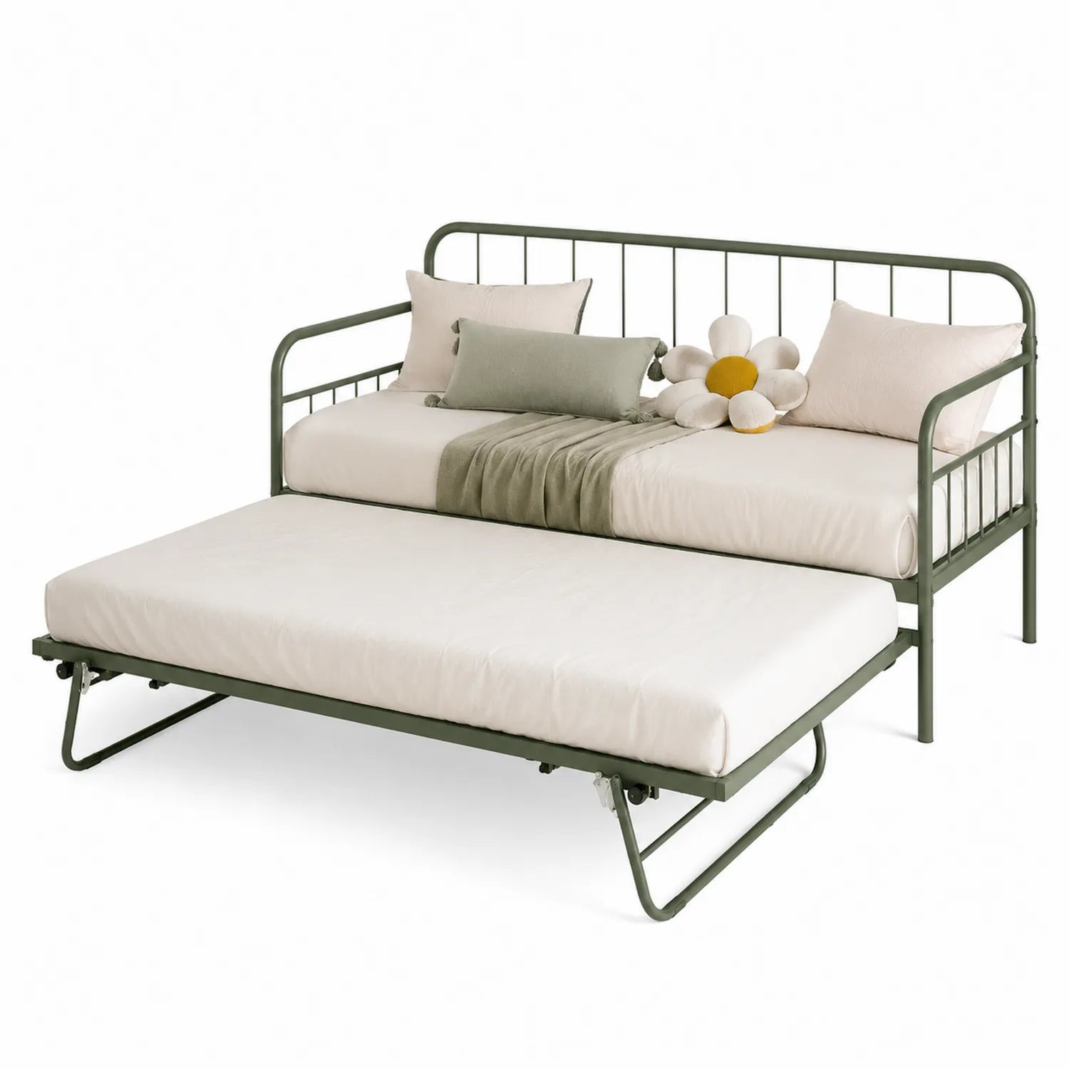 Metall-Tagesbett mit Ausziehbett und Kissen in Grün