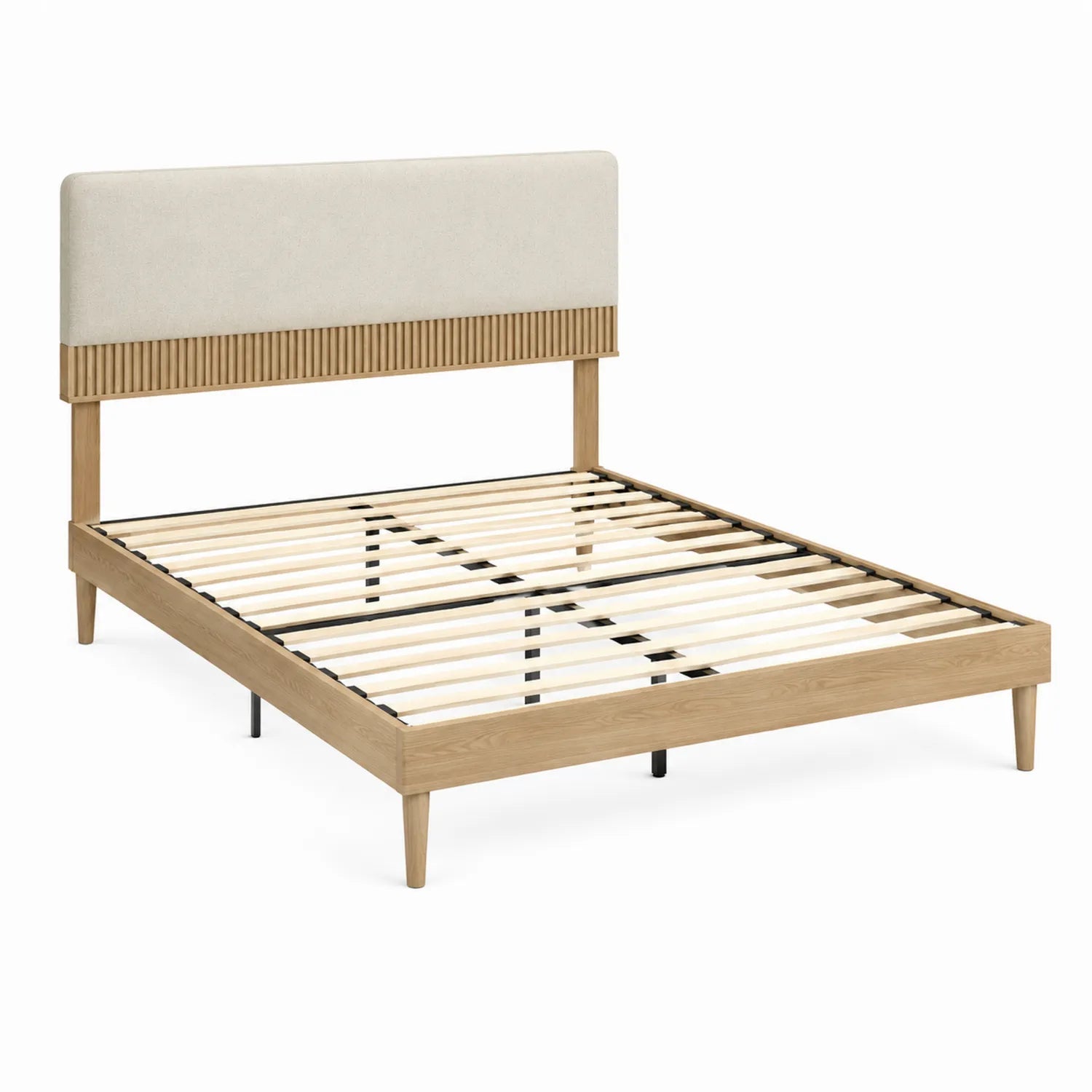 Doppelbett Holzrahmen mit Leinenstoff Kopfteil Beige 200x140 cm