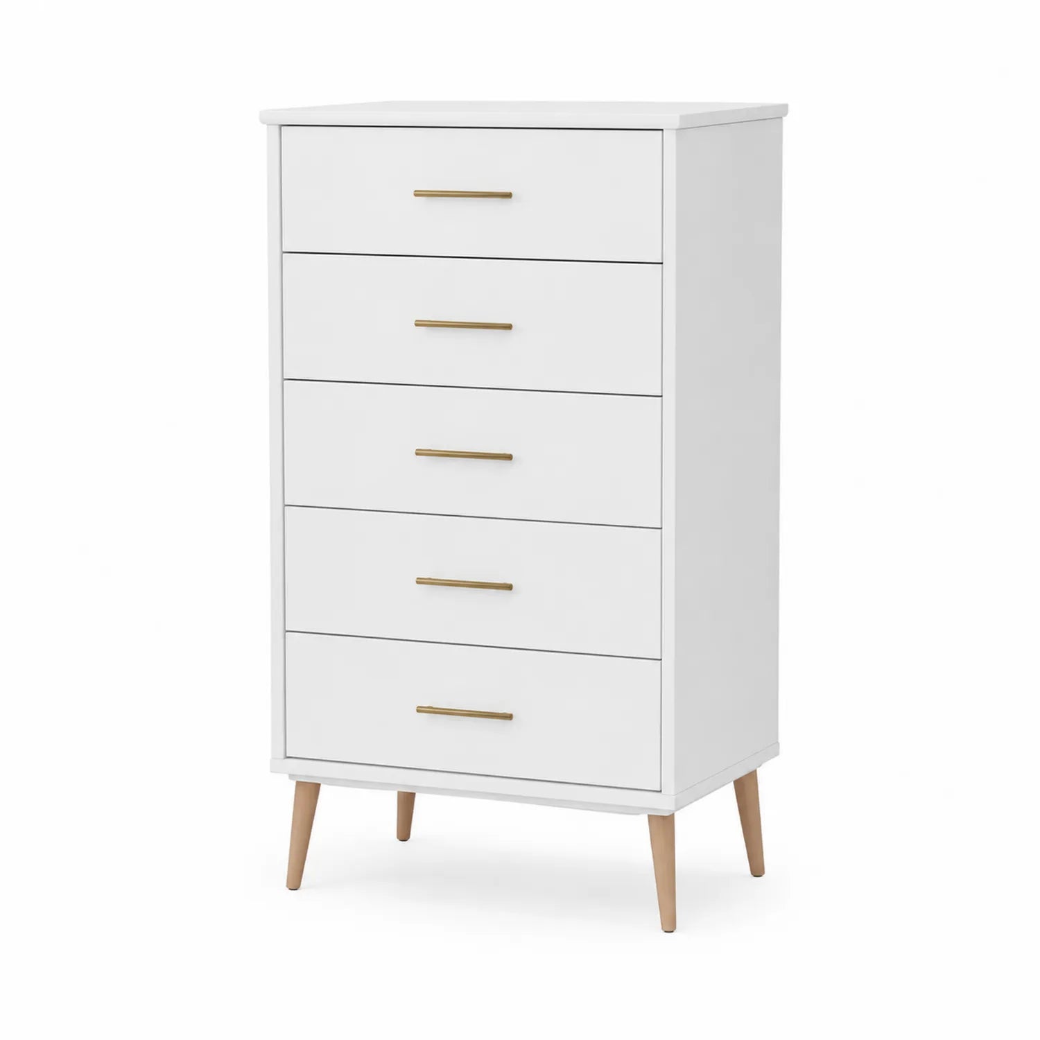 Kommode mit 5 Schubladen aus MDF und Massivholzbeinen Weiß 48x40x114cm