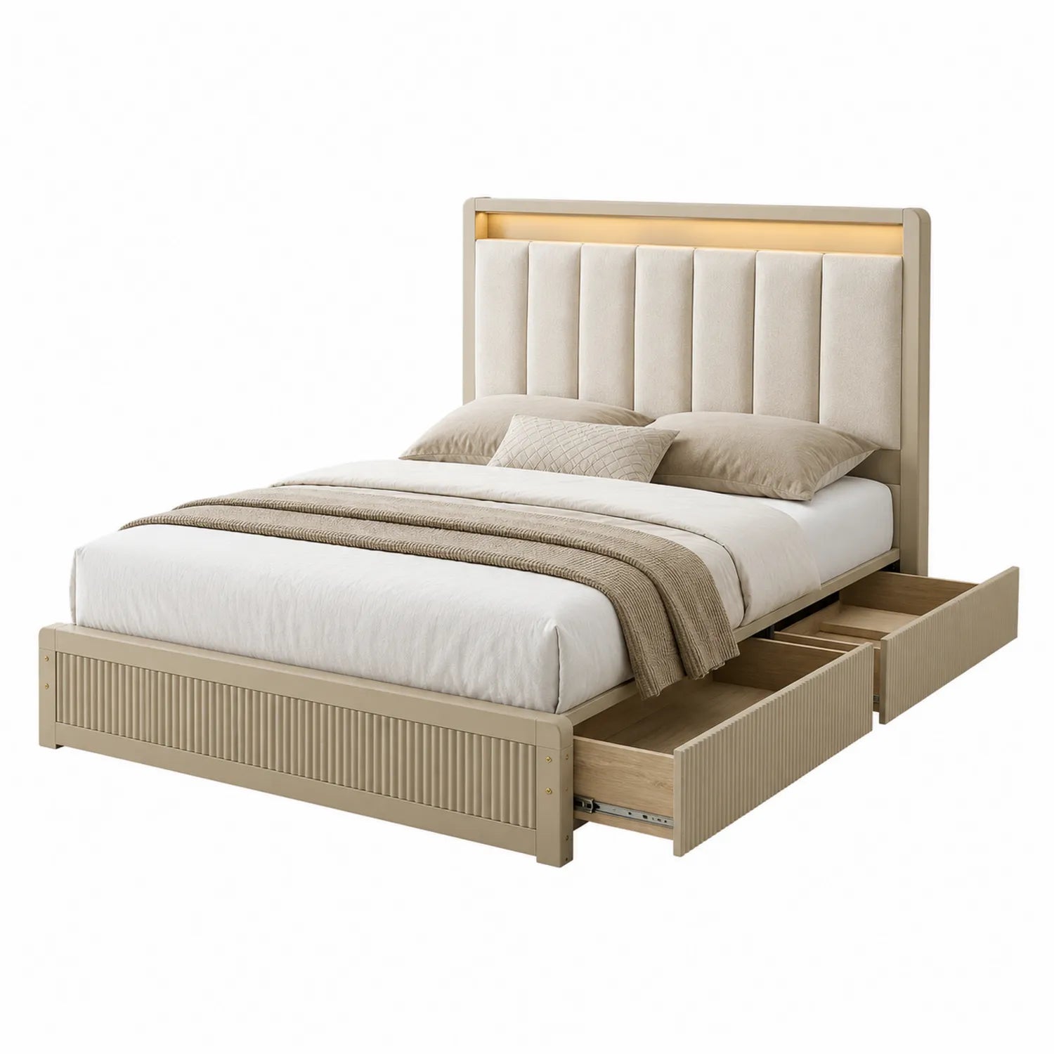 Doppelbett mit Stoffkopfteil und Schubladen Beige 200x160 cm