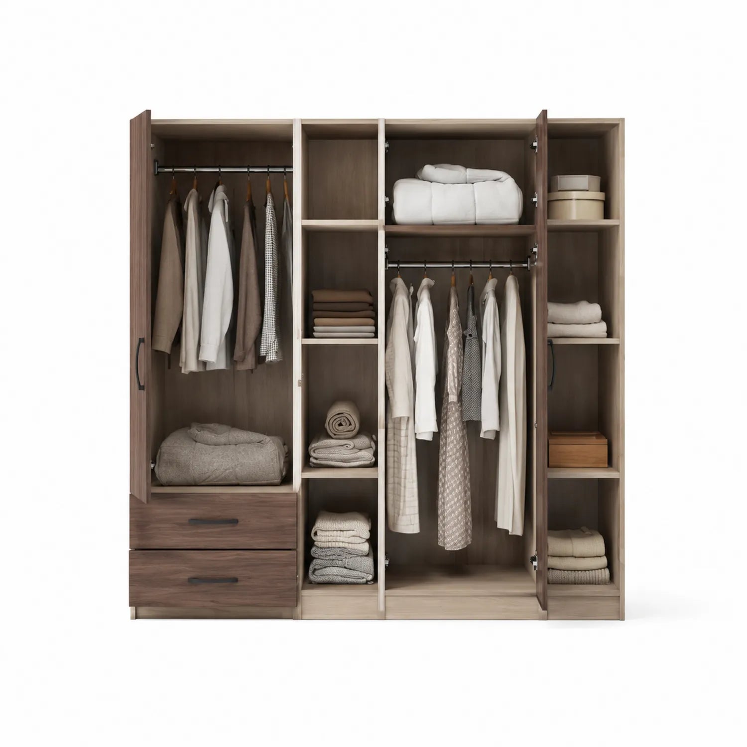 Kleiderschrank aus Holz in Braun, 3 Türen, 2 Schubladen