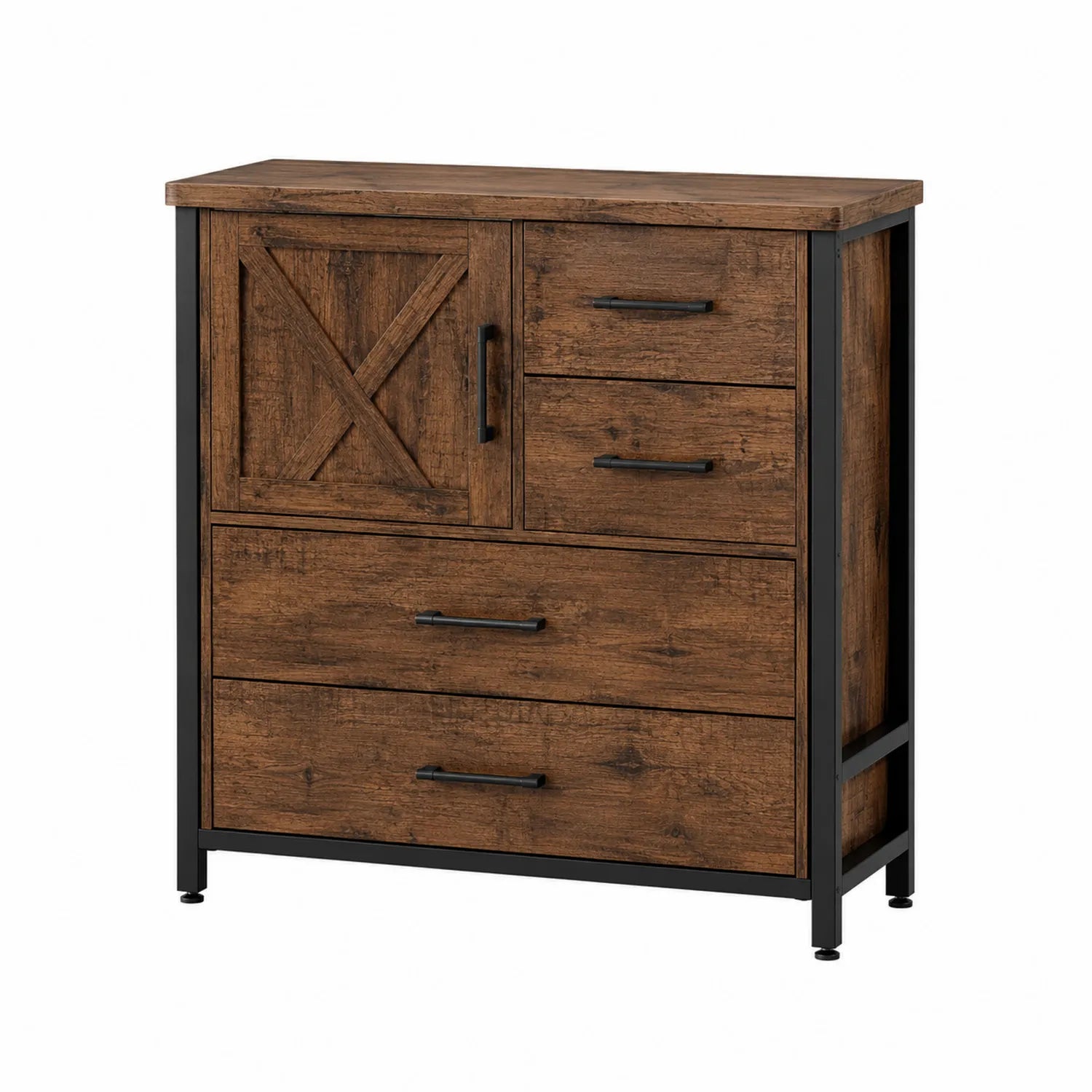 Kommode Holz Metallrahmen Braun Schwarz 4 Schubladen 1 Tür