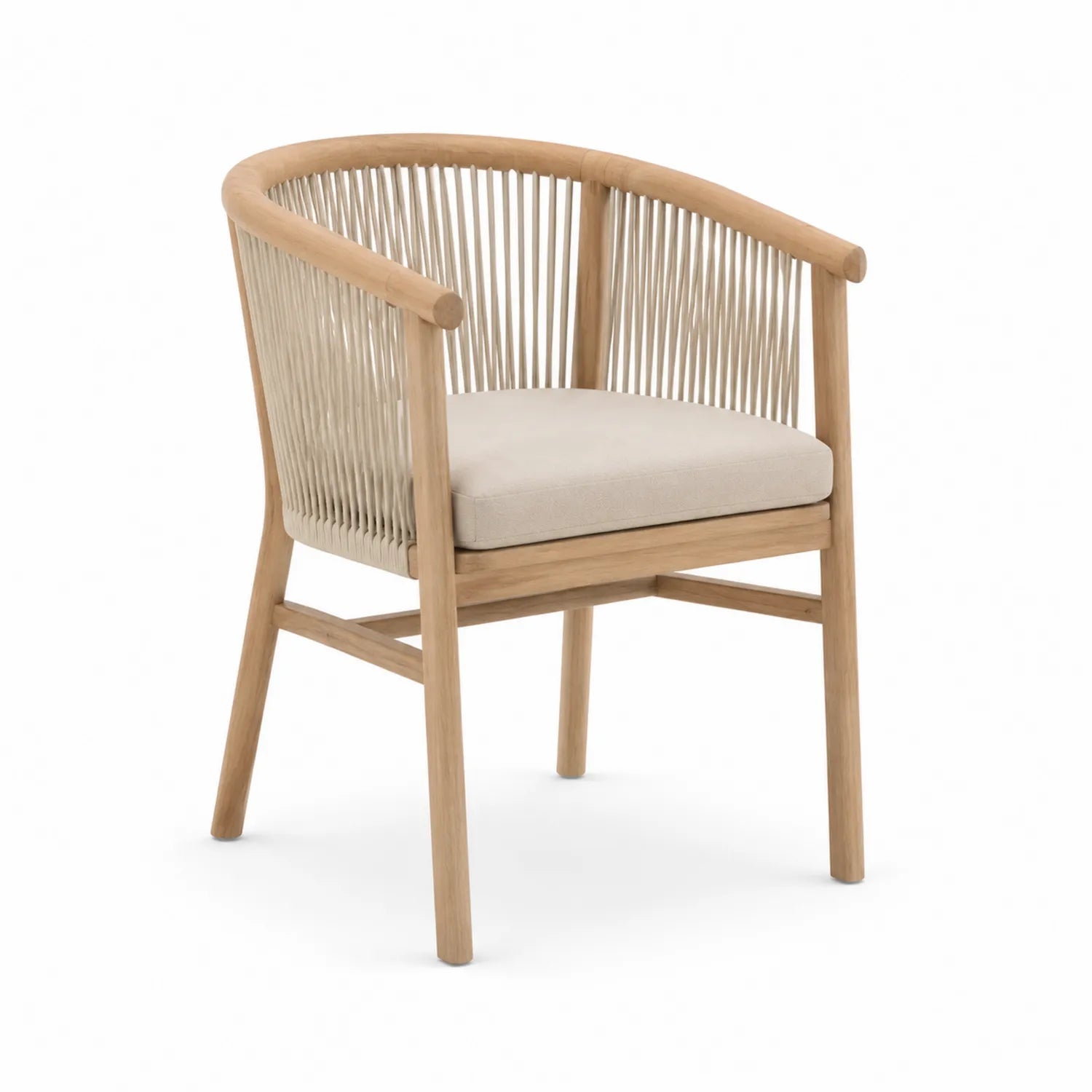 Esszimmerstuhl aus Holz mit Seilgeflecht und Baumwollkissen Beige