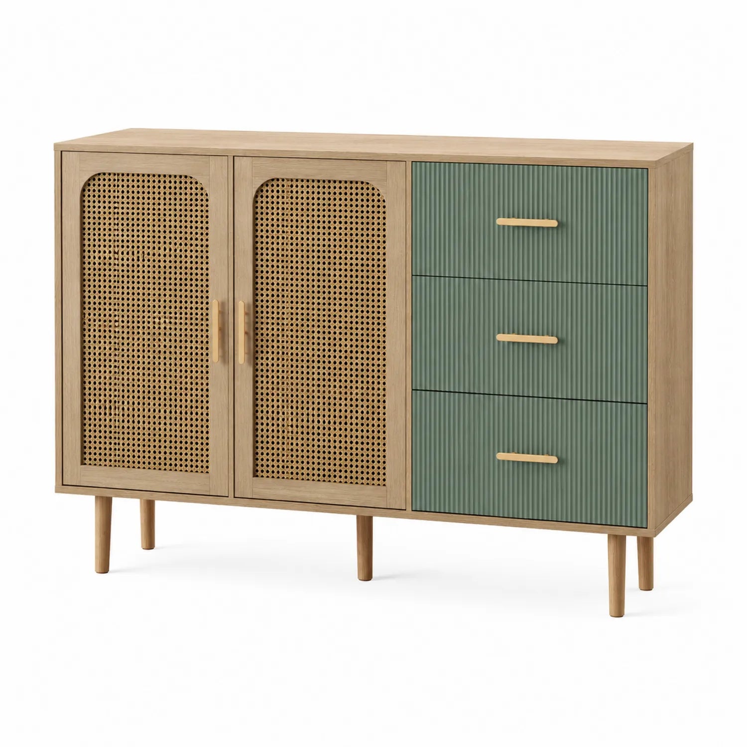 Sideboard aus Holz und Rattan mit Grünen Schubladen