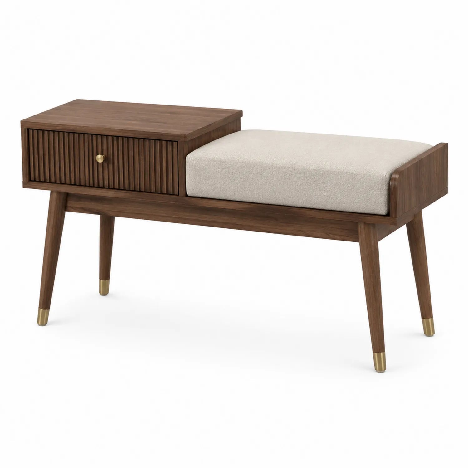 Bank mit Schublade aus Walnuss und Baumwollstoff Beige
