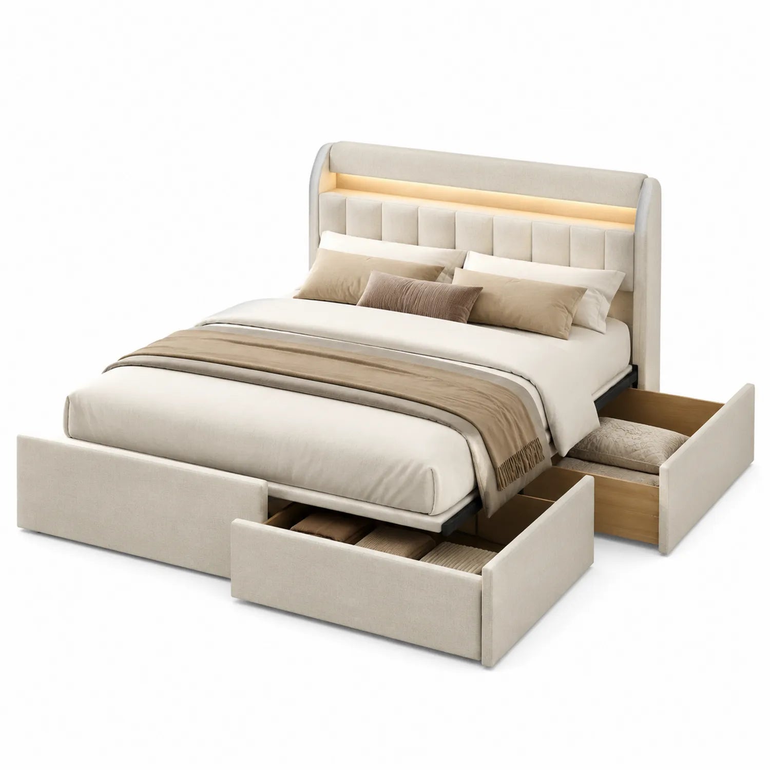 Stoff-Doppelbett mit Stauraum und Beleuchtung Beige 200x180 cm