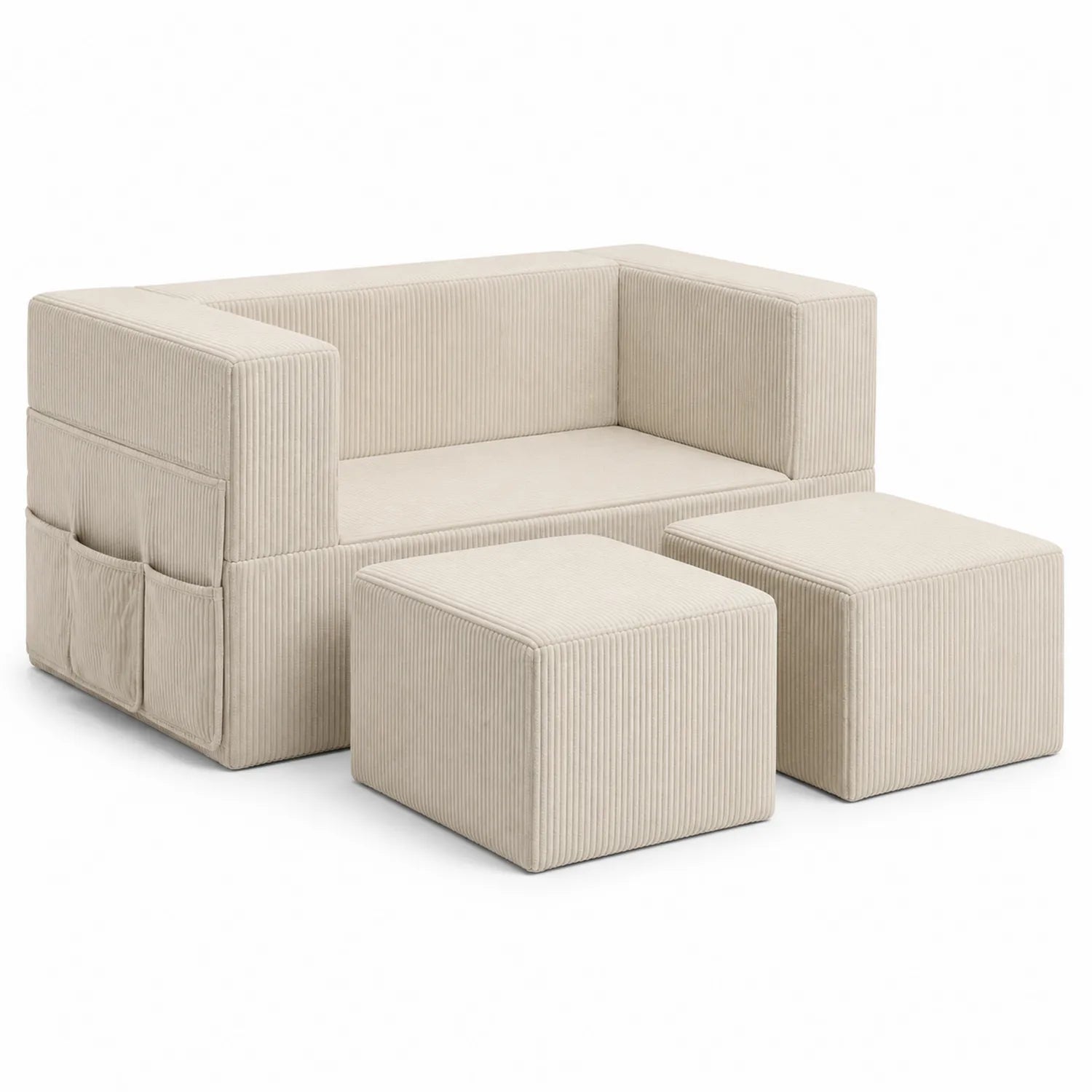 Kindersofa Set aus Cordstoff Beige mit 2-Sitzer und 2 Hockern