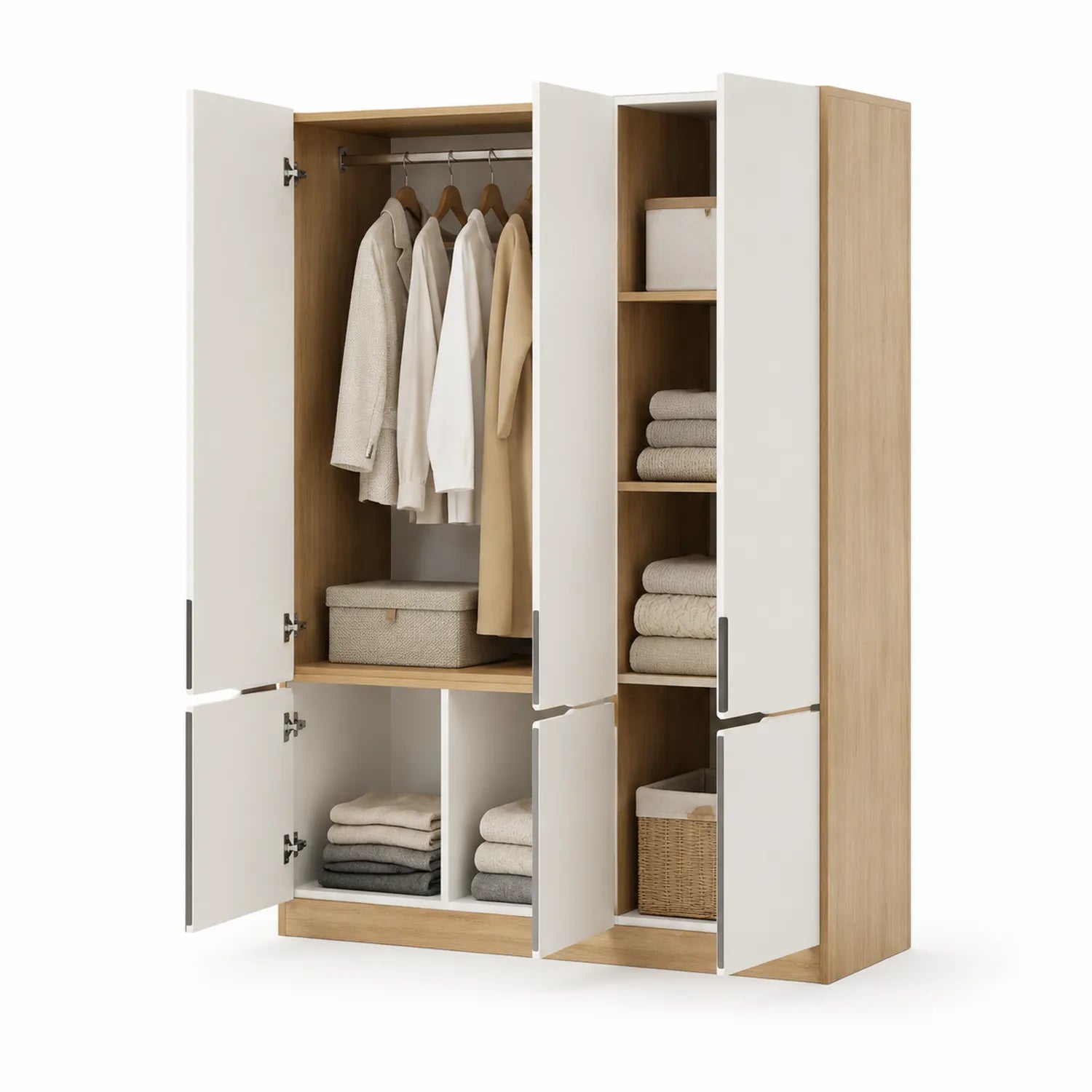 Kleiderschrank MDF Eiche Weiß mit Kleiderstangen und Regalböden