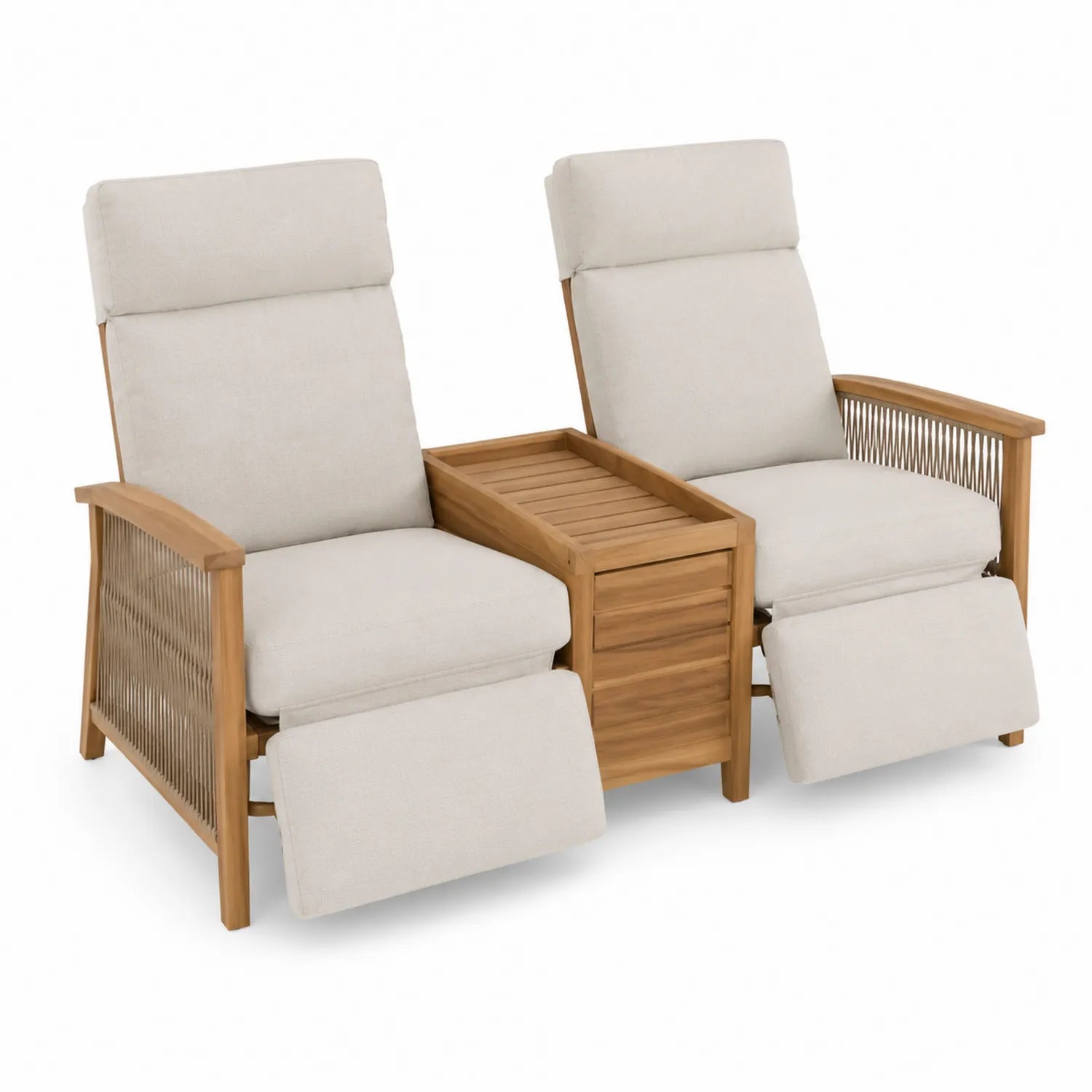 Doppel-Gartenliege aus Akazienholz mit Polyesterkissen Beige