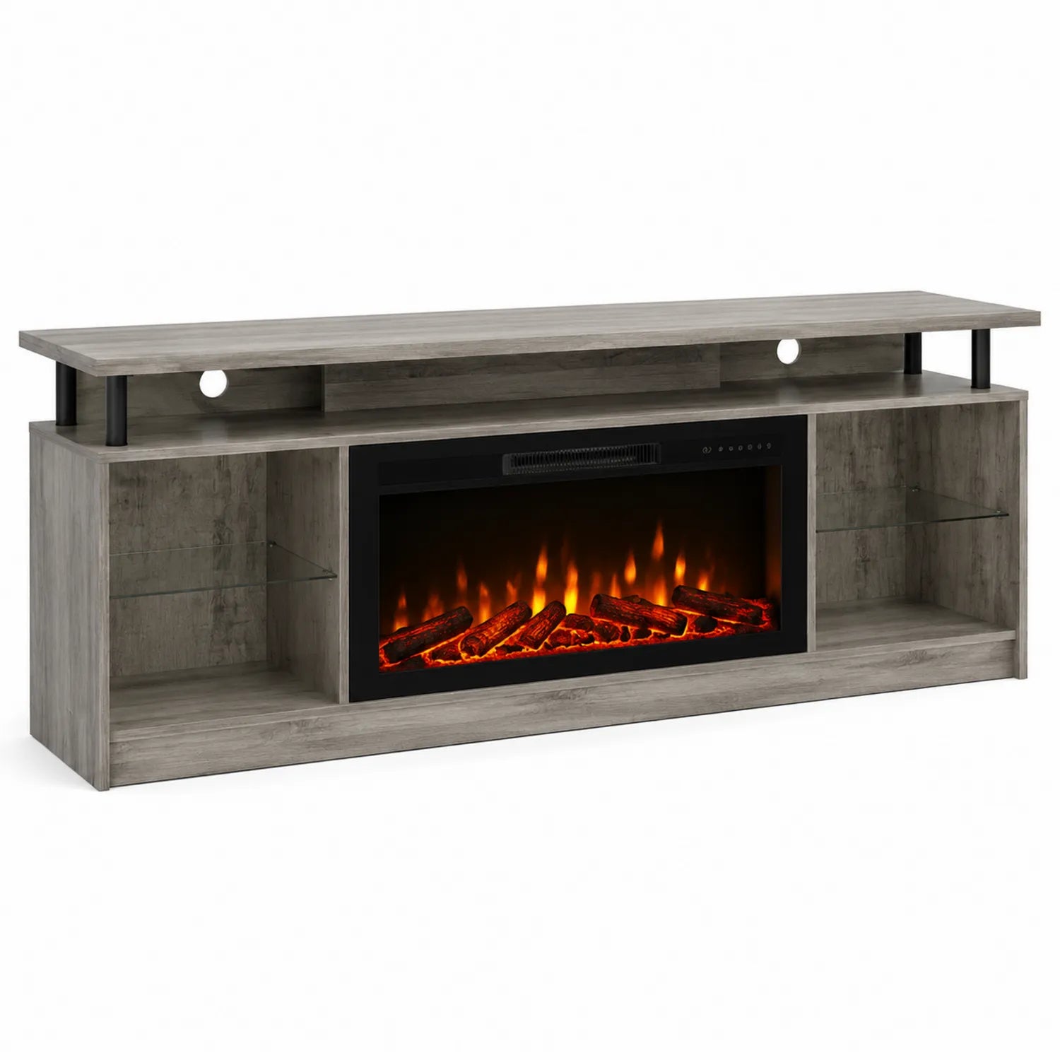 TV-Schrank Mit Elektrischem Kamin Und Glasregalen Holz Grau 152x40x72cm