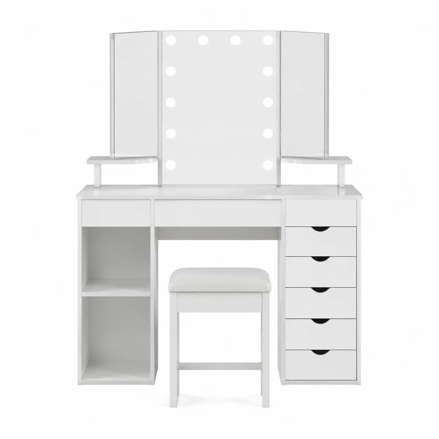 Schminktisch-Set aus MDF mit Spiegel und Hocker, Weiß, mit LED-Beleuchtung